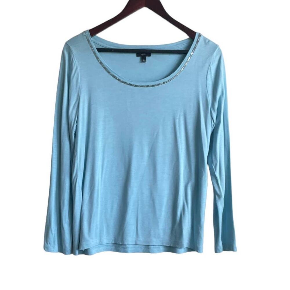 Talbots Top Women L Petite Blue Beaded Neckline Long Sleeve‎ Lightweight Coastal
